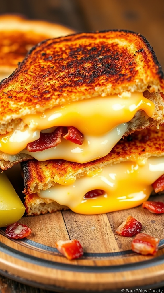 A grilled cheese sandwich with three cheeses and bacon, cut in half on a wooden board with pickles.